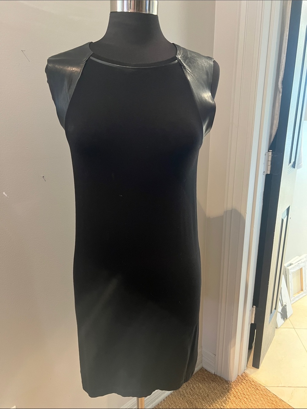 All Saints Black Sleeveless Shift Dress with Leather-Effect Shoulders